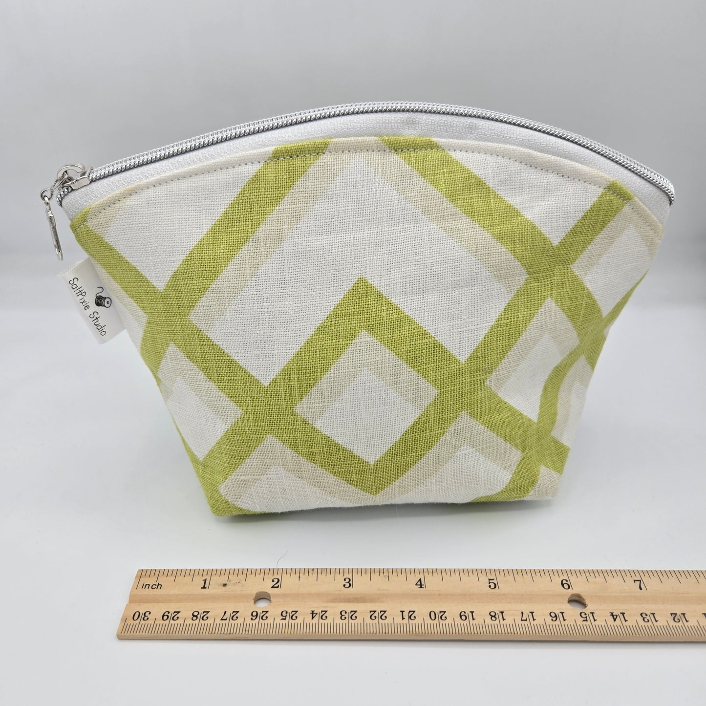 Curved Zipper Bag | Handwoven + Cotton | Olive and Lime Stripes | Medium