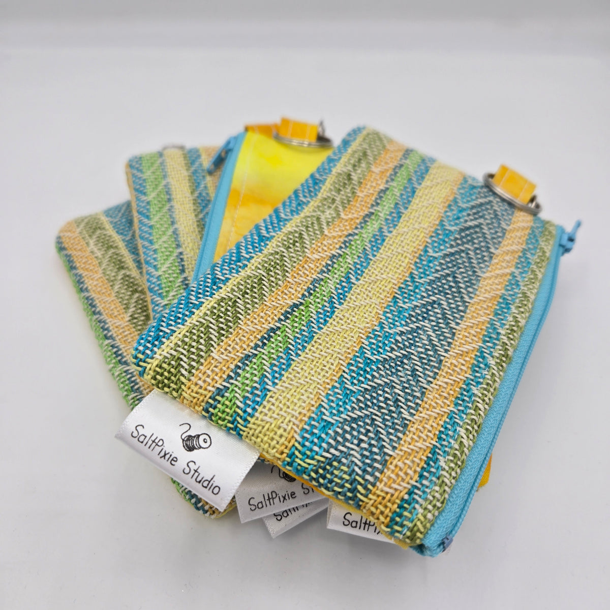 Mini Zipper Pouch | Handwoven Cotton & Linen | White Blue/Green and Yellow Plaid