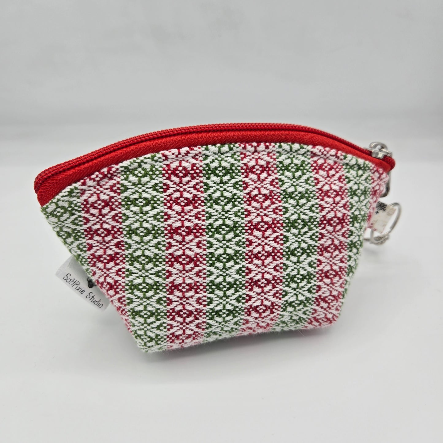 Curved Zipper Bag | Handwoven + Cotton | Snowflake Green and Red Stripes | Small