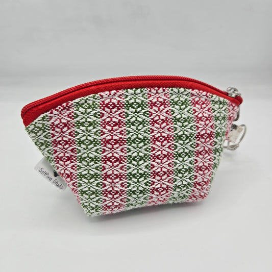 Curved Zipper Bag | Handwoven + Cotton | Snowflake Green and Red Stripes | Small