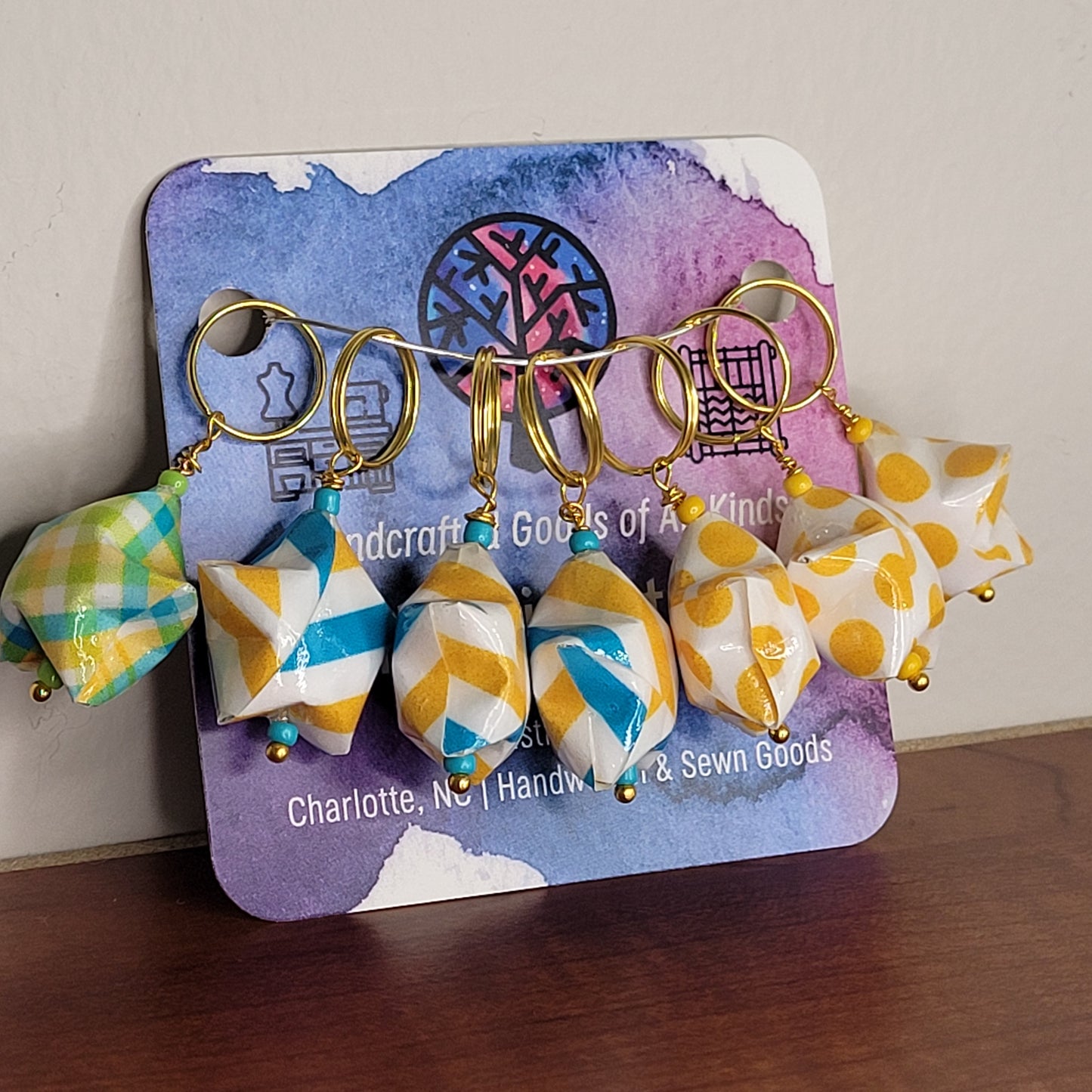 Stitch Marker | Handmade Paper Stars | Yellow/Blue Geometric & Polka Dot | Set of 7