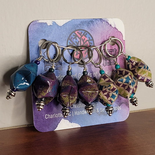 Stitch Marker | Handmade Paper Stars | Navy/Purple/Lime Swirls and Diamonds | Set of 7