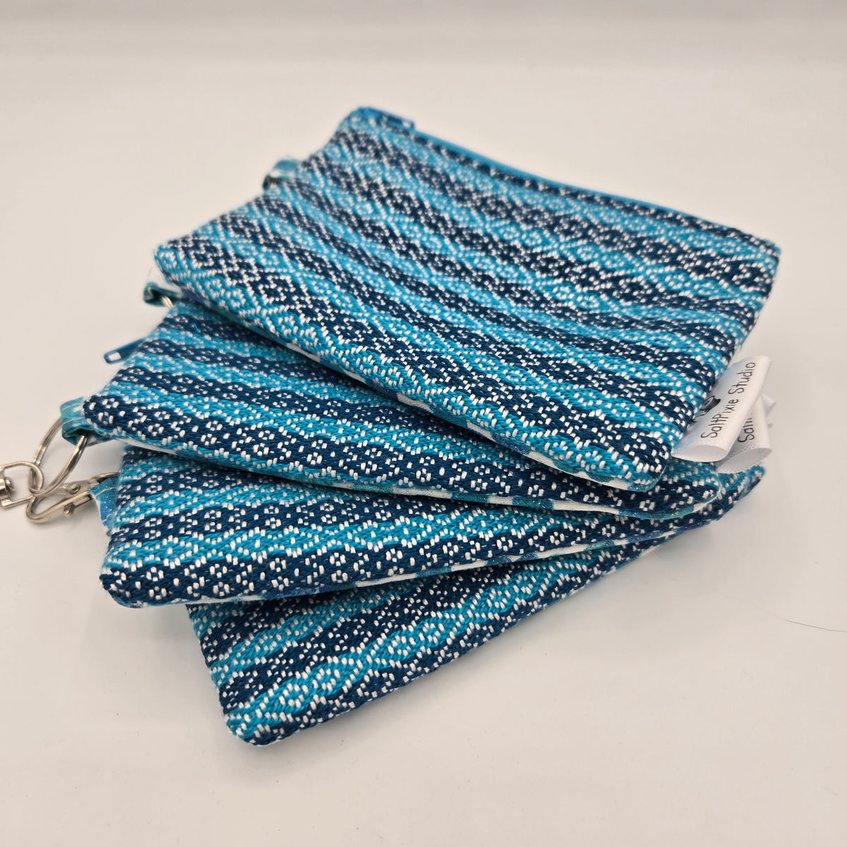 Mini Zipper Pouch | Handwoven Cotton & Tencel | Turquoise and Navy Stripes