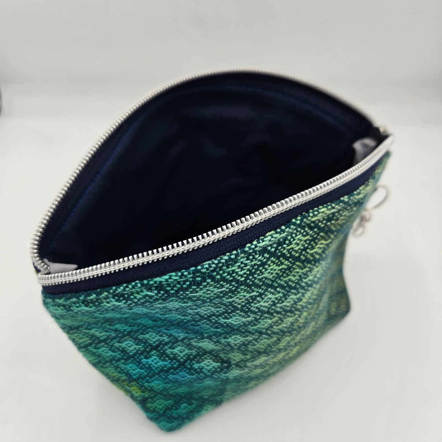 Curved Zipper Bag | Handwoven + Cotton | Sea Turtles and Ocean Greens | Medium