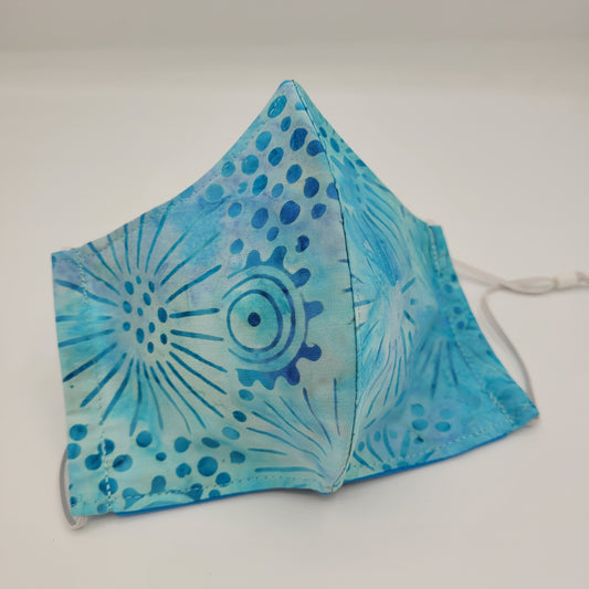Cotton Face Mask w/ Filter Pocket | Adjustable Tie Ear Loops | Blue/Teal Batik | Washable Mask