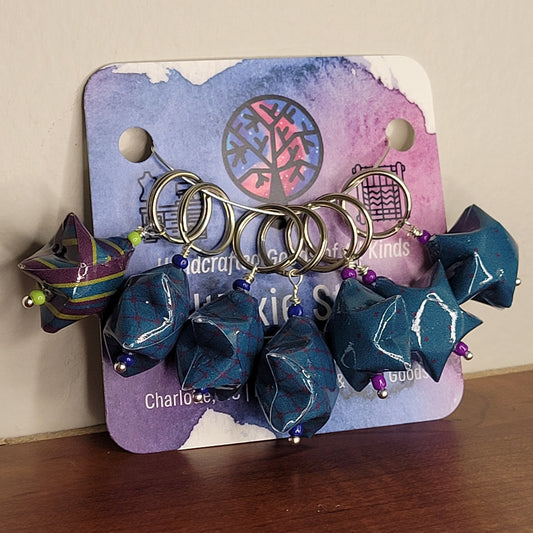 Stitch Marker | Handmade Paper Stars | Blue/Purple Mix Prints | Set of 7