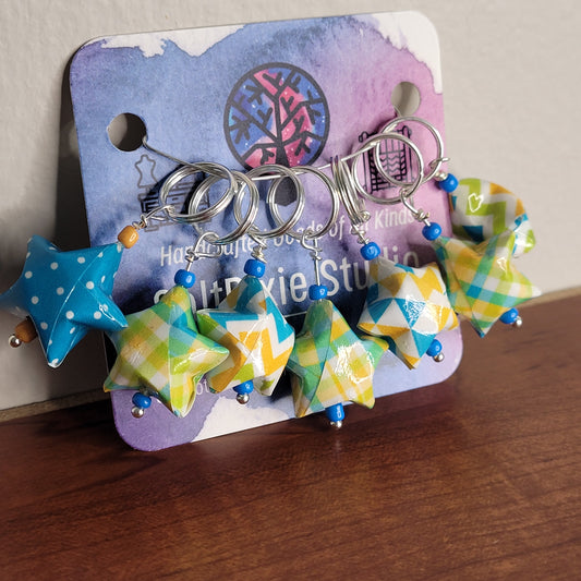 Stitch Marker | Handmade Paper Stars | Geometric Blue & Yellow | Set of 7