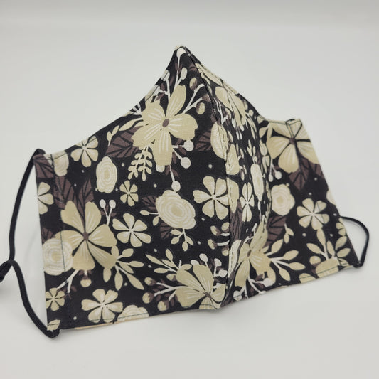 Cotton Face Mask w/ Filter Pocket | Adjustable Tie Ear Loops | Tan Black Floral | Washable Mask