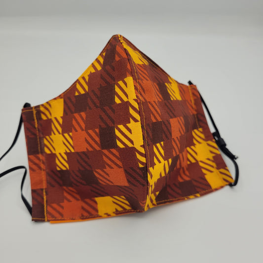 Cotton Face Mask w/ Filter Pocket | Adjustable Tie Ear Loops | Checkered Orange | Washable Mask