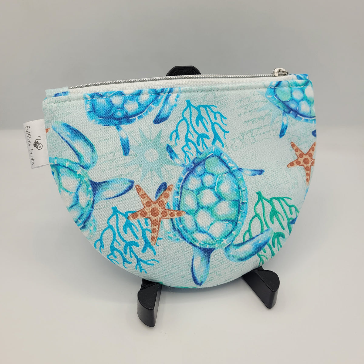 Curved Coin Purse | Handwoven + Cotton | Turquoise & Turtles