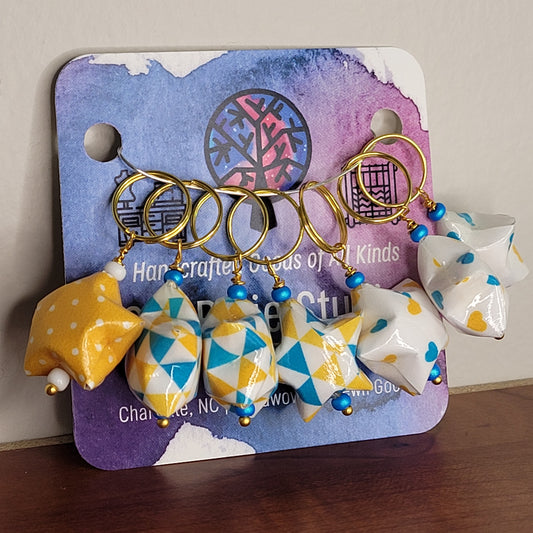 Stitch Marker | Handmade Paper Stars | Yellow/Blue Geometric and Polka Dots | Set of 7