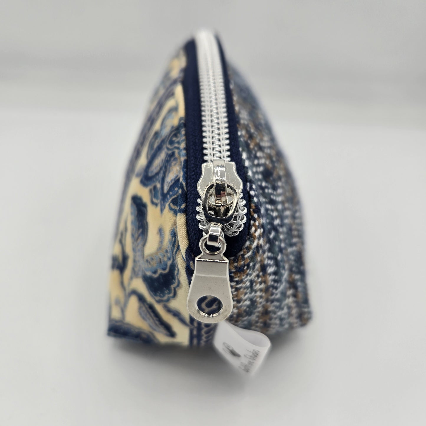 Curved Zipper Bag | Handwoven + Cotton | Navy and Gold Floral | Small