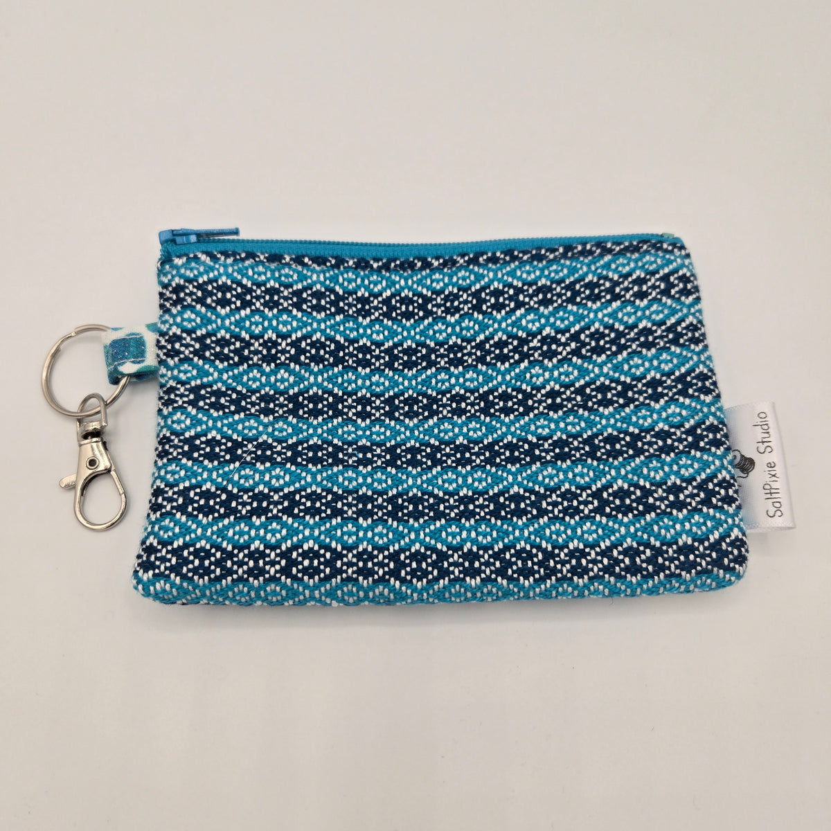 Mini Zipper Pouch | Handwoven Cotton & Tencel | Turquoise and Navy Stripes
